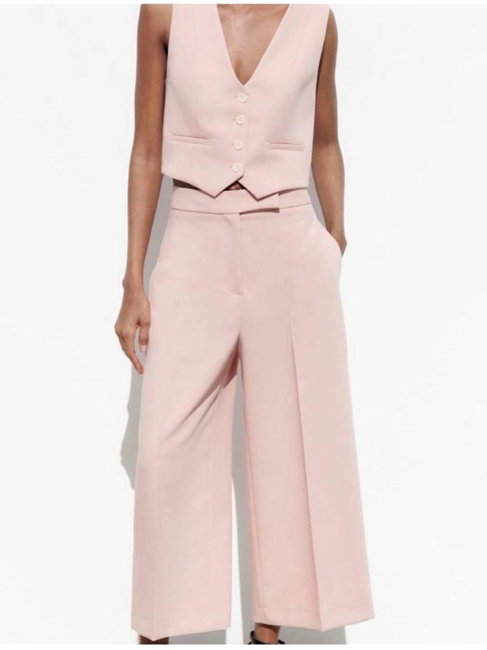 Zara Blush Pink Wide-Leg Cropped Trousers - Picture 2 of 6